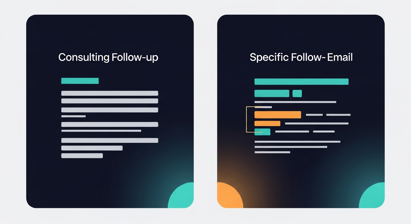 Side-by-side comparison of a generic consulting follow-up email vs. a specific, personalized one — highlighting the key differences in structure and language