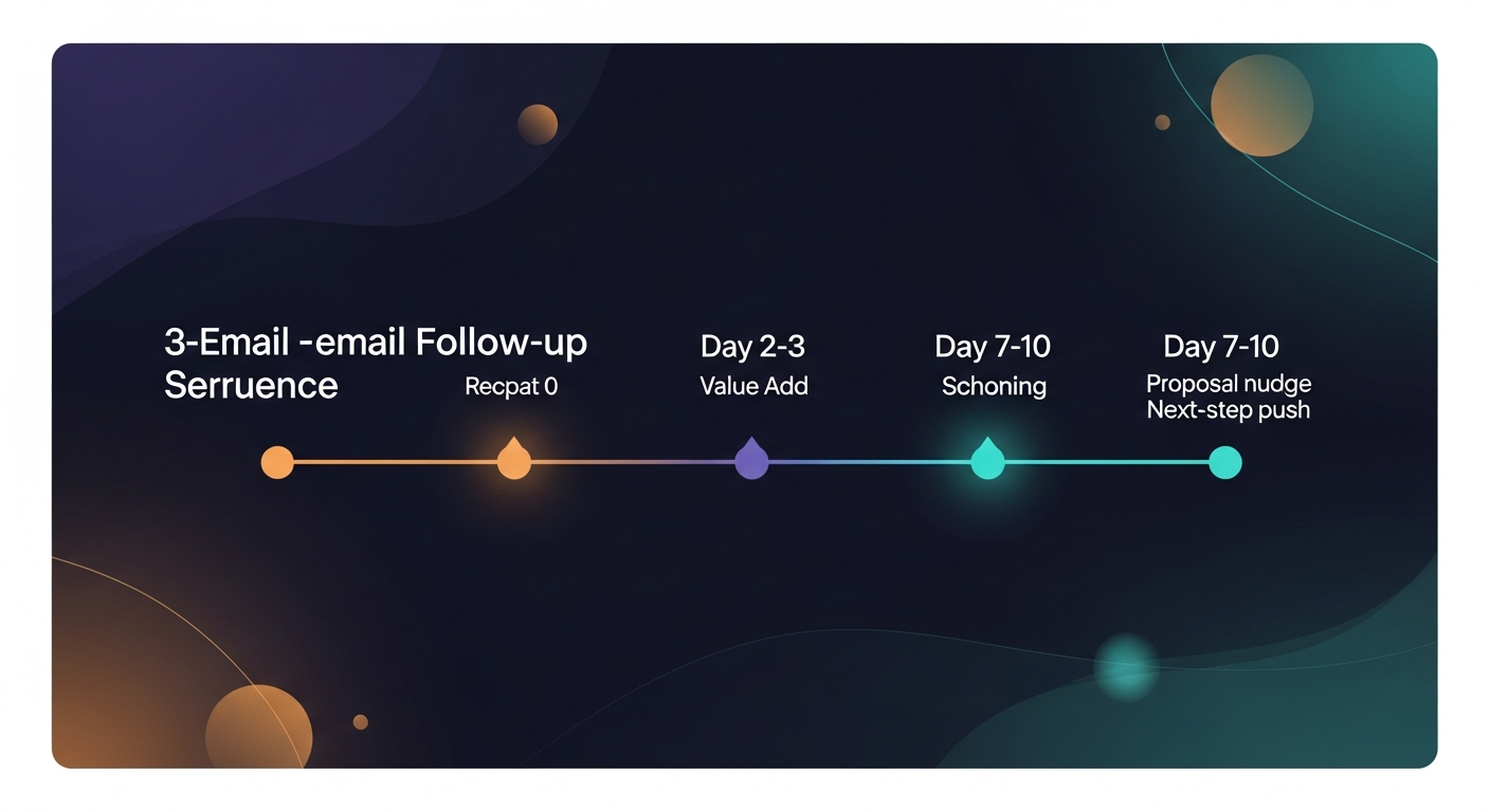 A visual timeline showing the 3-email follow-up sequence with timing markers — Day 0 (same-day recap), Day 2-3 (value-add), Day 7-10 (proposal nudge or next-step push)