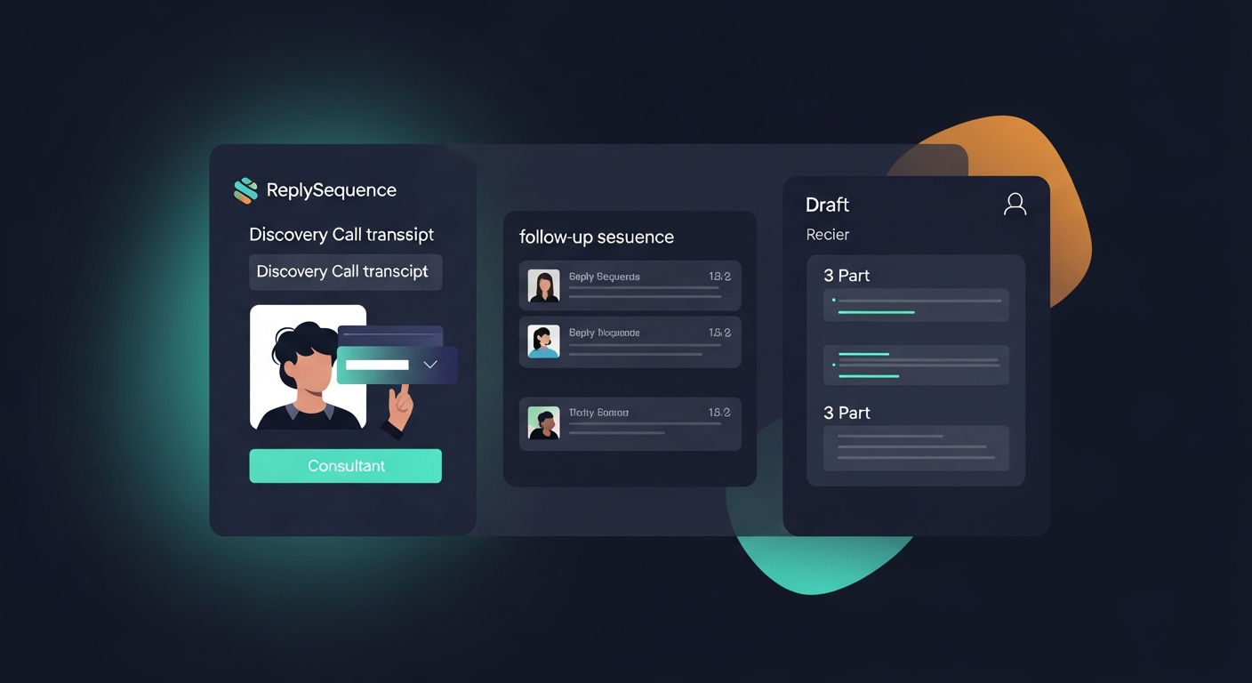 Screenshot or mockup of a consultant pasting a discovery call transcript into ReplySequence and receiving a 3-part follow-up sequence draft