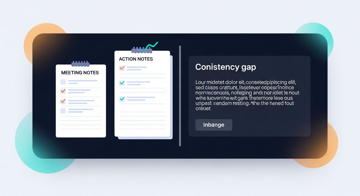 Split-screen showing two reps' meeting notes side by side — one structured with clear action items, one a paragraph of vague text — illustrating the consistency gap