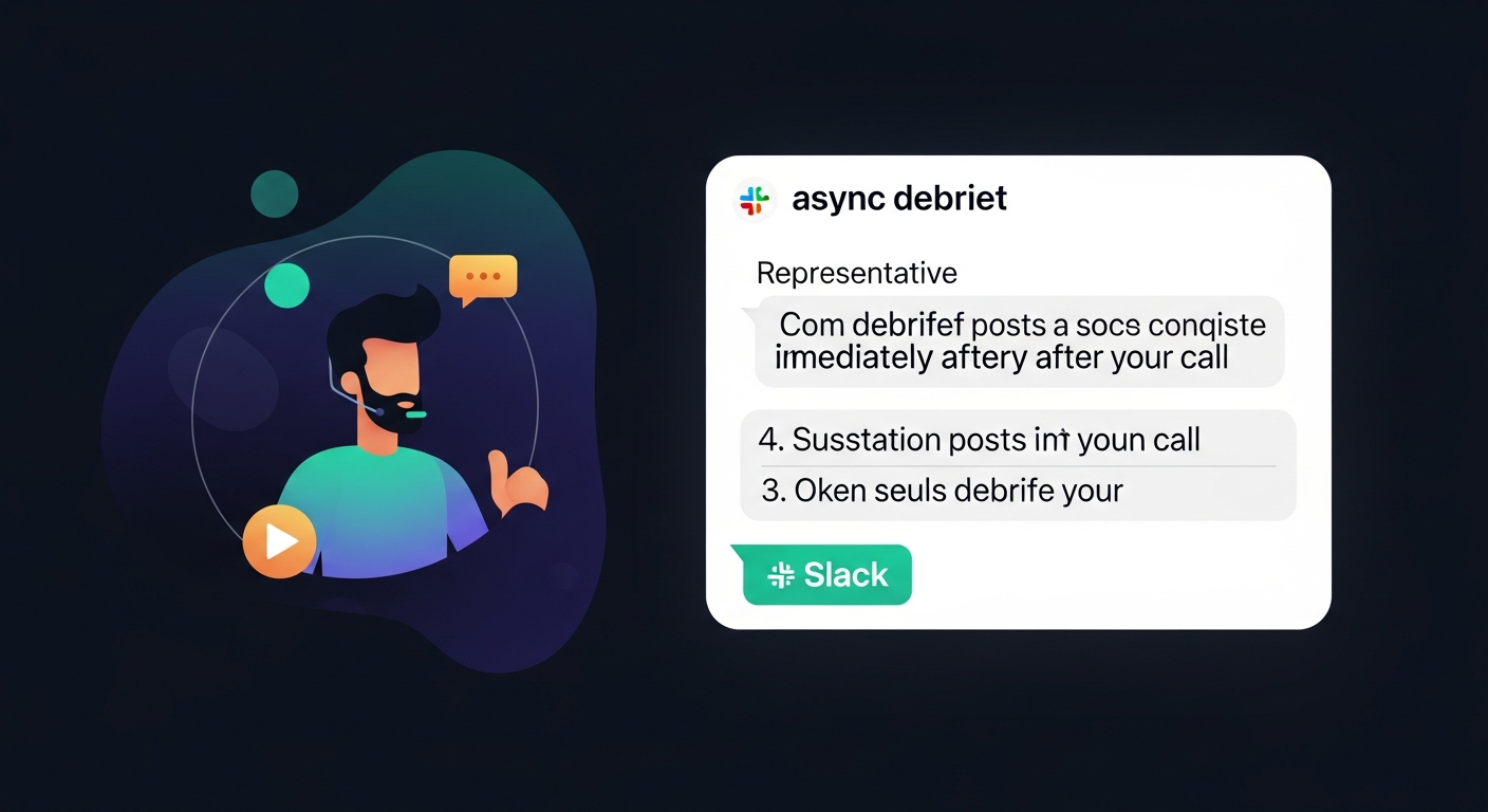 Example of an async debrief Slack message with four-line structured format, showing how a rep posts a clean summary immediately after a call