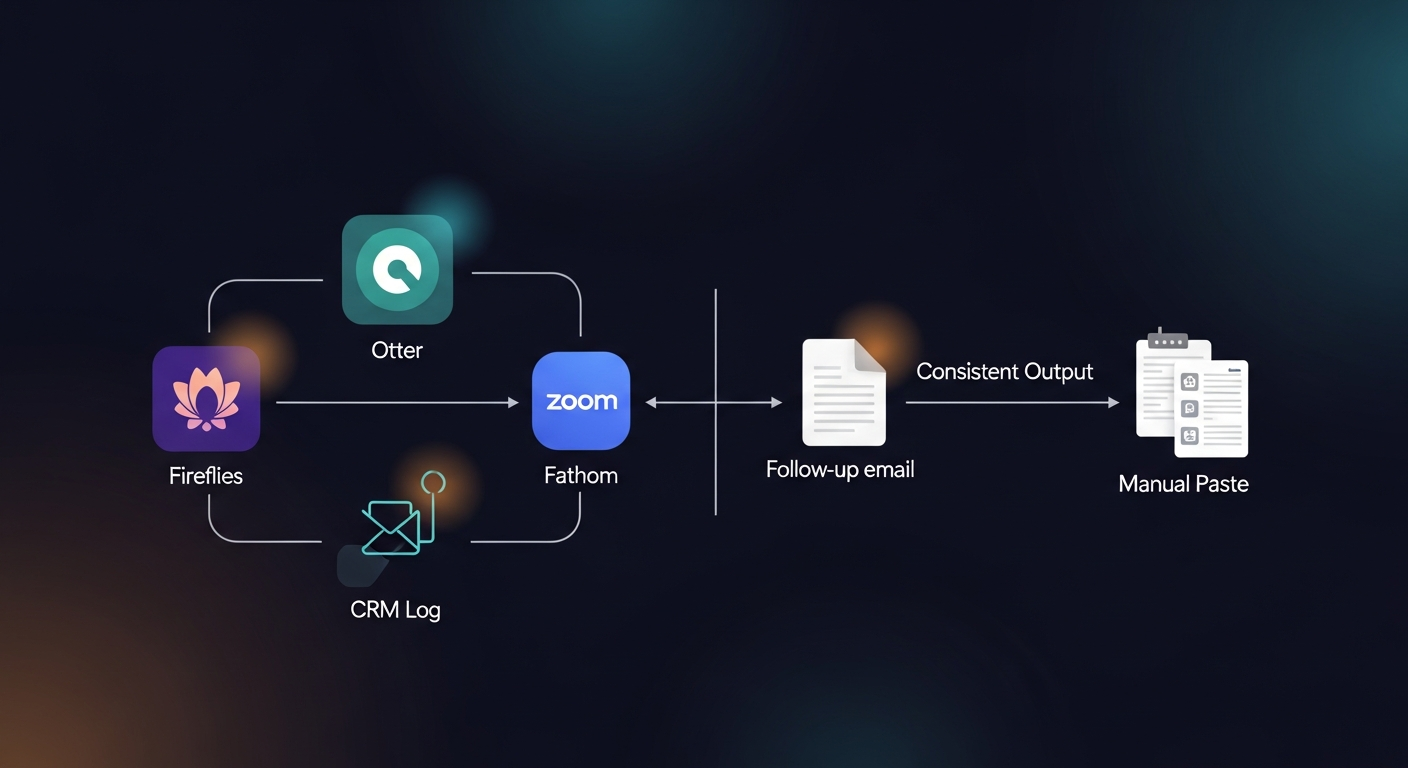 Diagram showing multiple transcript sources (Fireflies, Otter, Fathom, Zoom, manual paste) all feeding into a single consistent output layer — follow-up email + CRM log