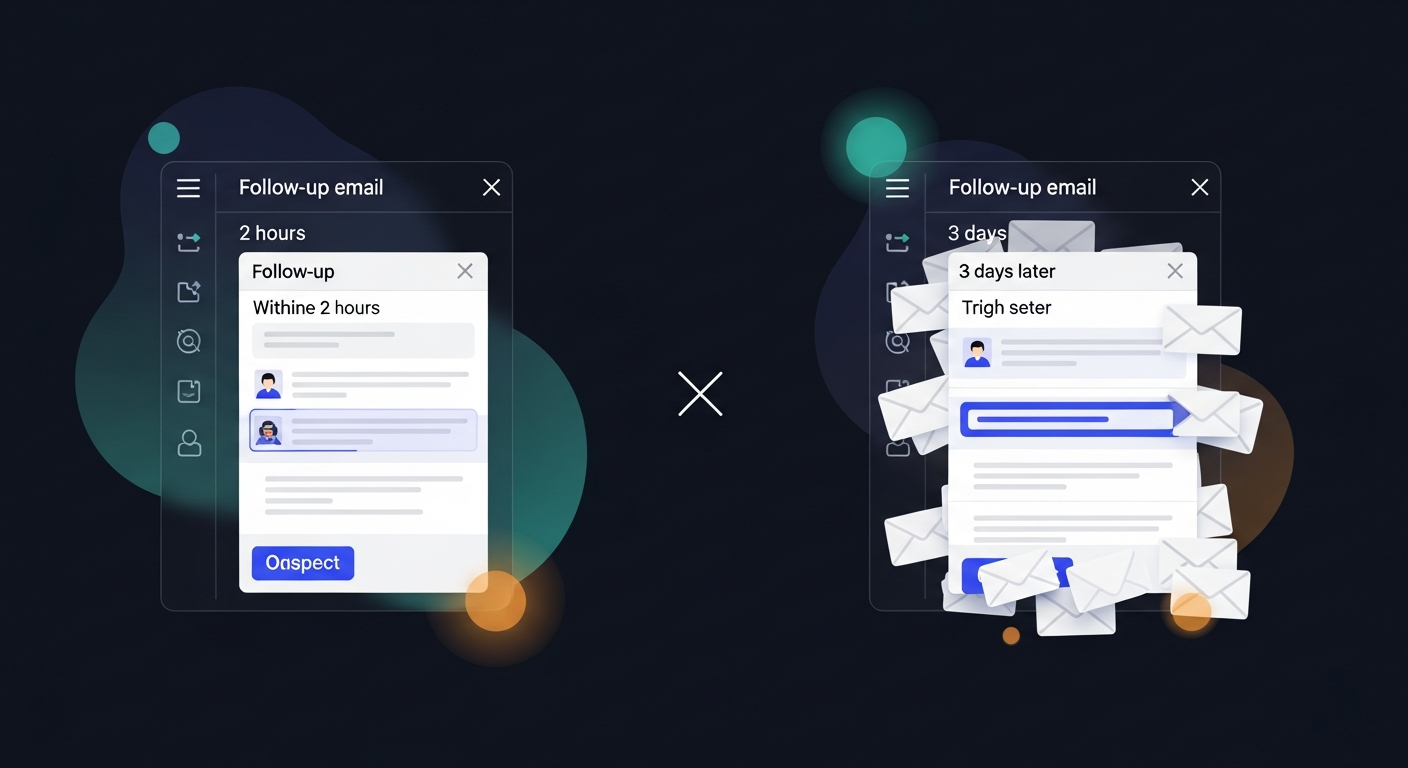A side-by-side inbox comparison showing a follow-up email sent within 2 hours vs. one sent 3 days later, illustrating position in the prospect's inbox and context loss