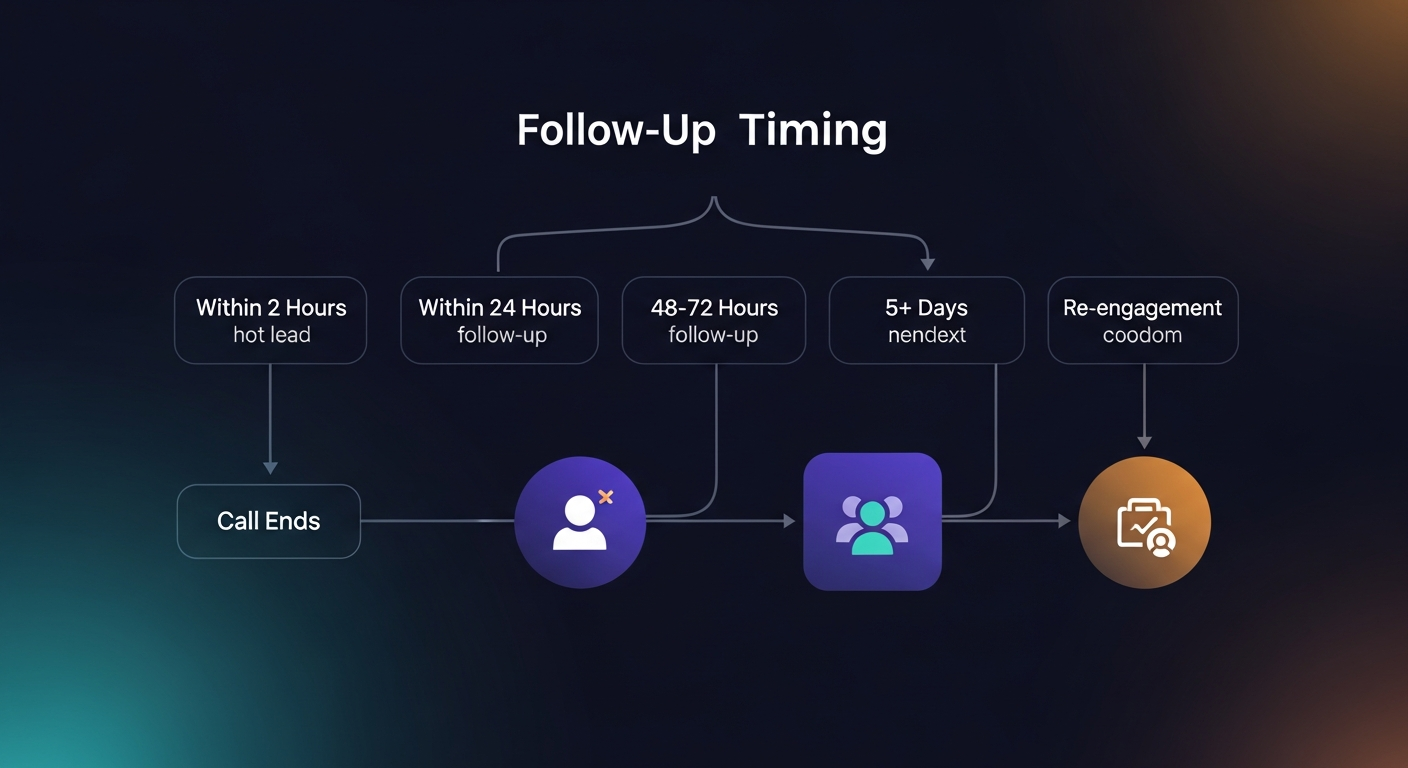 A simple flowchart showing the follow-up timing decision tree: call ends → within 2 hours (hot lead), within 24 hours (standard), 48-72 hours (add context), 5+ days (re-engagement needed)