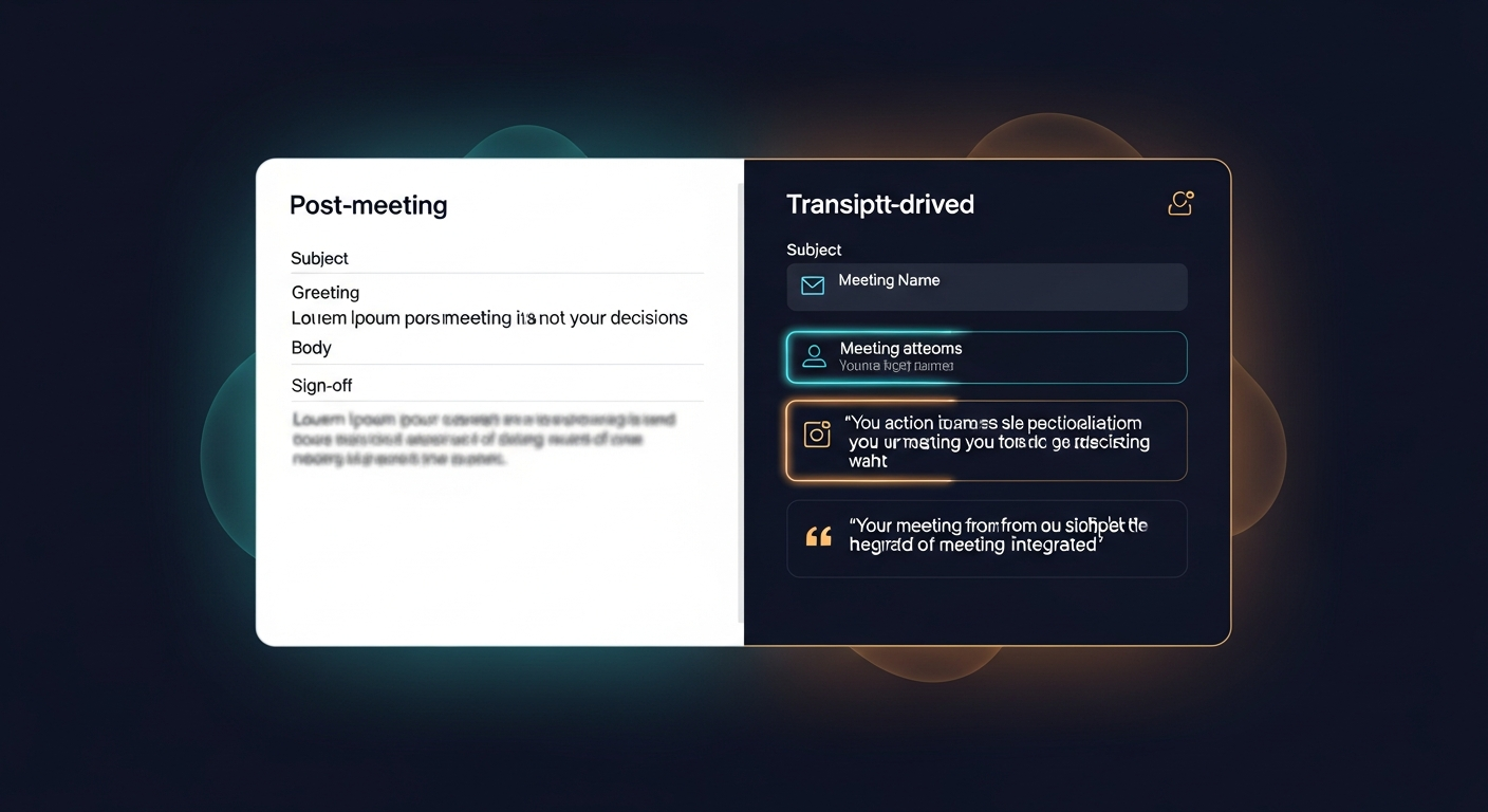 Side-by-side comparison of a generic post-meeting email vs. a transcript-driven one, highlighting specific personalization elements