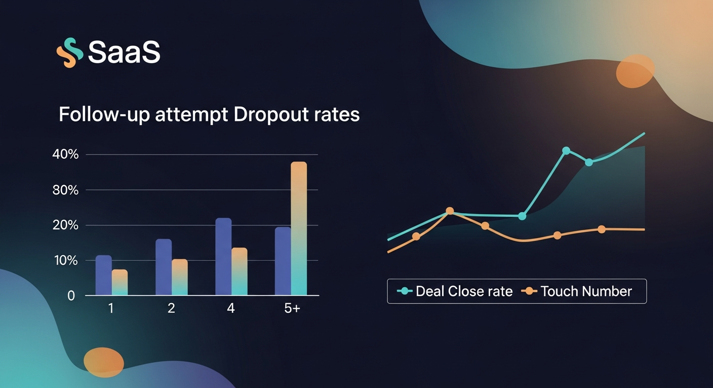 A bar chart showing follow-up attempt dropout rates — percentage of reps who stop after 1, 2, 3, 4, and 5+ follow-ups, with a contrasting line showing deal close rates by touch number