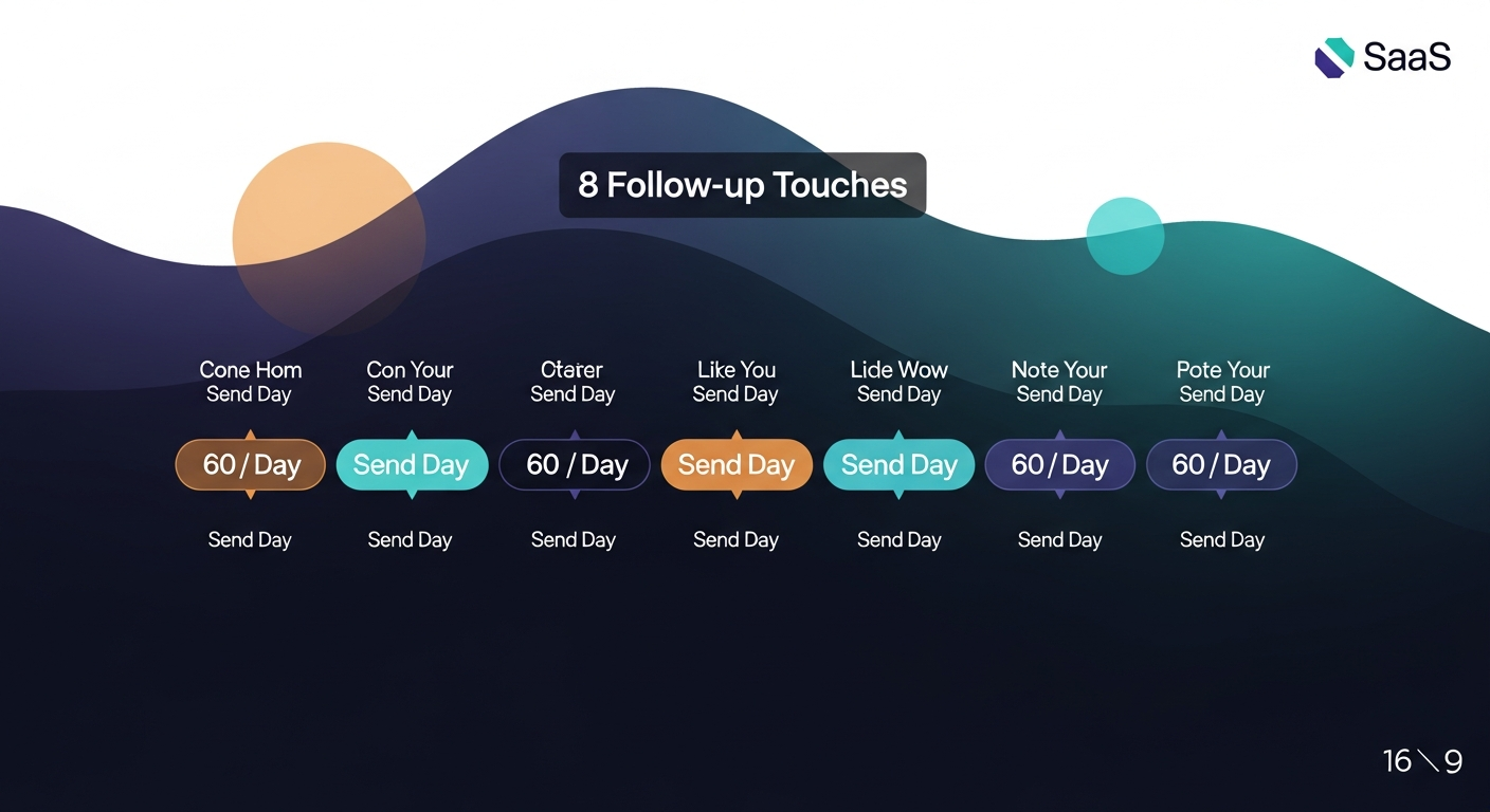 A visual timeline showing all 8 follow-up touches mapped across a 60-day window, with labels for each touch's purpose and the ideal send day