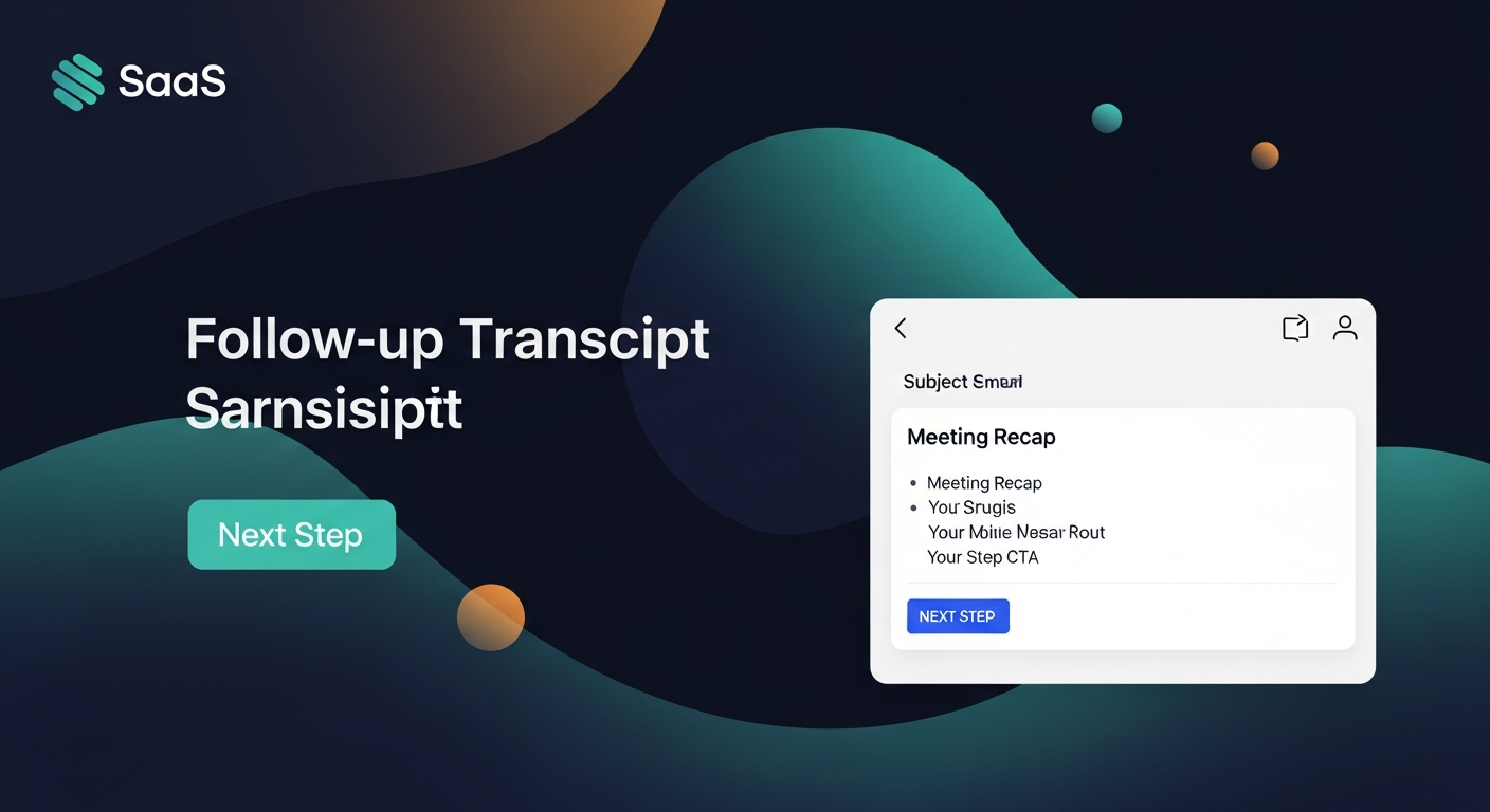 A screenshot mockup of a follow-up email generated from a transcript, showing subject line, key meeting recap bullets, and a clear next-step CTA