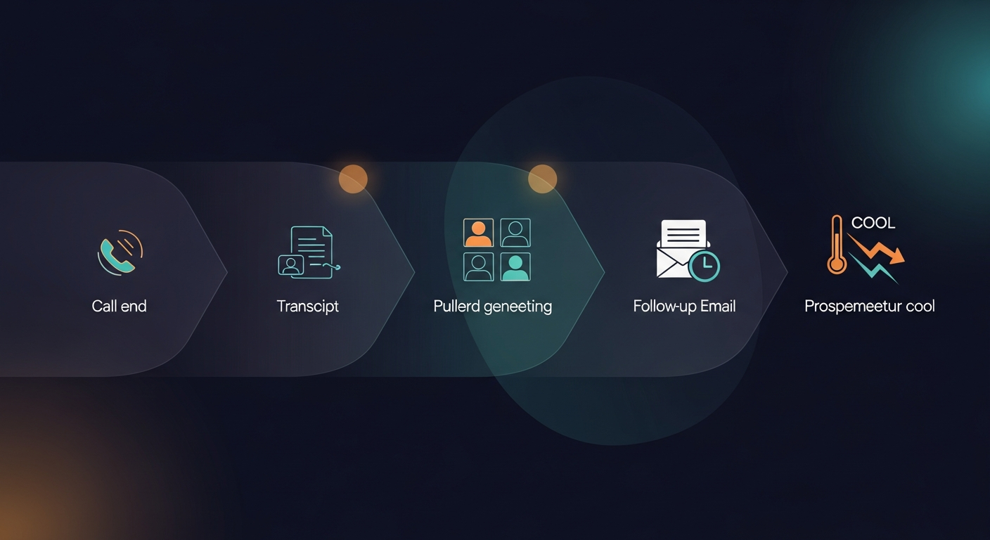 A timeline illustration showing a typical post-meeting workflow — call ends, transcript generated, rep gets pulled into next meeting, follow-up email gets delayed, prospect momentum cools