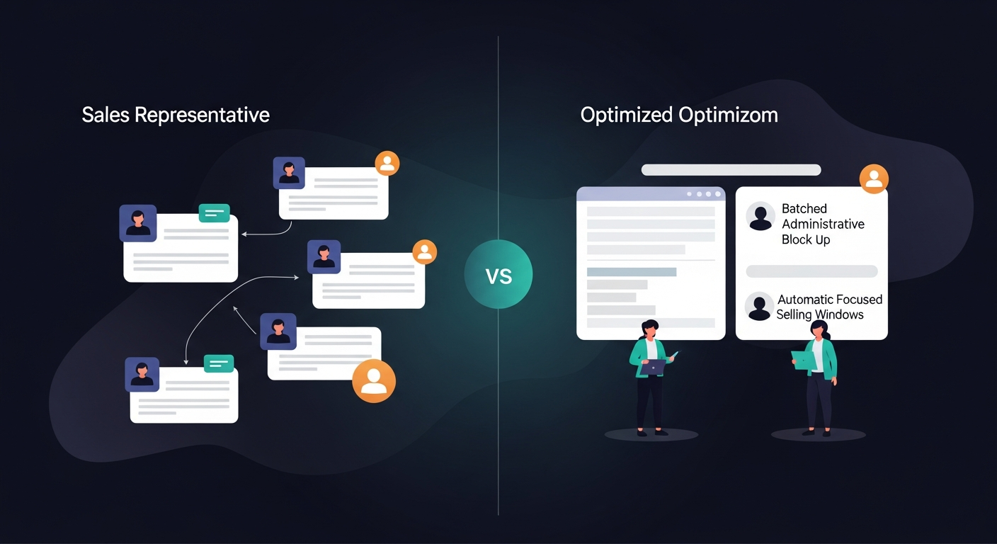A simple before/after comparison — left side shows a rep's scattered daily workflow with admin interrupting selling time, right side shows batched admin blocks and automated follow-up freeing up focused selling windows