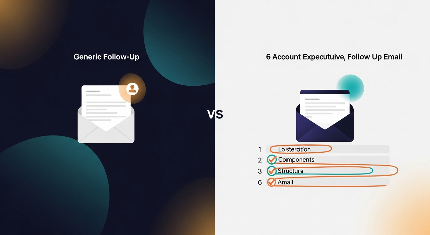 Side-by-side comparison of a generic demo follow-up email versus a specific, structured AE follow-up email with the six components highlighted