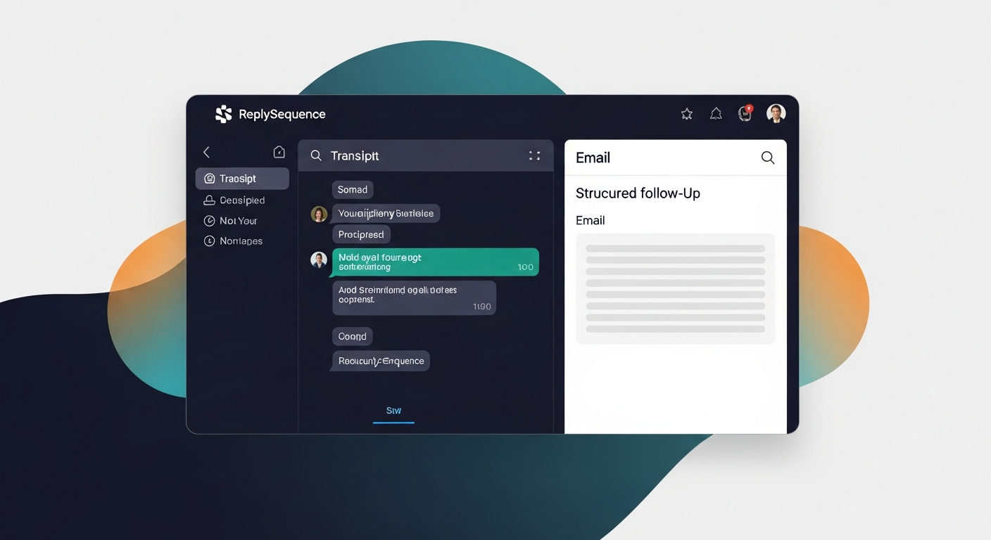 Screenshot-style mockup showing a transcript being pasted into ReplySequence and a structured follow-up email draft appearing on the right side