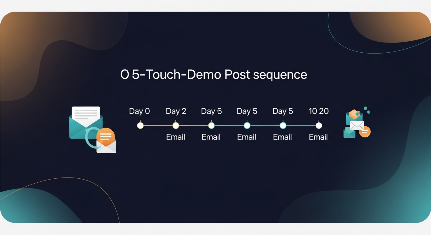 Illustrated timeline showing the five-touch post-demo sequence with email types labeled at each day marker (Day 0, 2, 5, 10, 20)