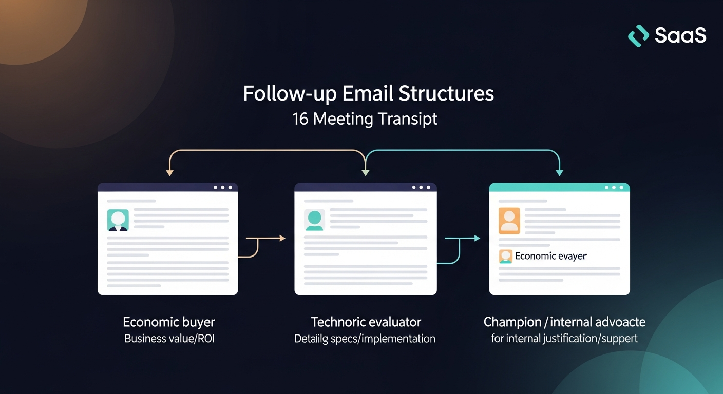 Diagram showing three different follow-up email structures branching from a single meeting transcript — one for economic buyer, one for technical evaluator, one for champion/internal advocate