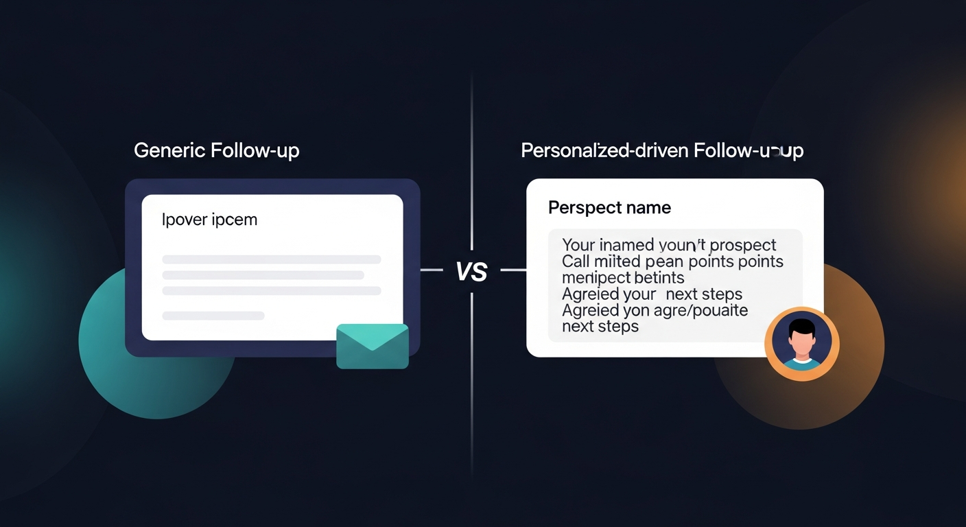 Split comparison showing a generic template-based follow-up email on the left versus a personalized, transcript-driven follow-up email on the right, highlighting specific call details like prospect name, pain points mentioned, and next steps