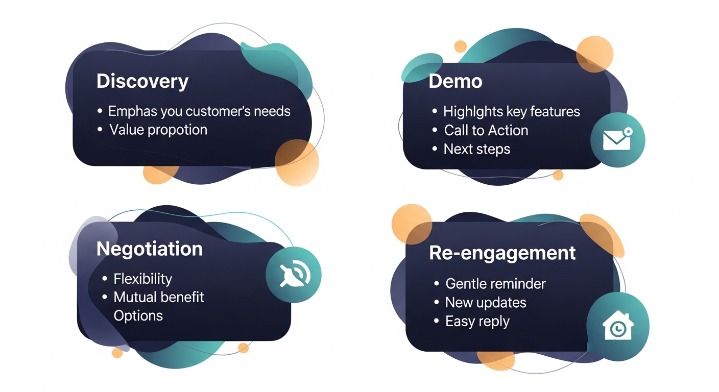 A visual showing four different email prompt templates labeled by deal stage — Discovery, Demo, Negotiation, and Re-engagement — each with 2-3 bullet points showing what the prompt instructs the AI to emphasize