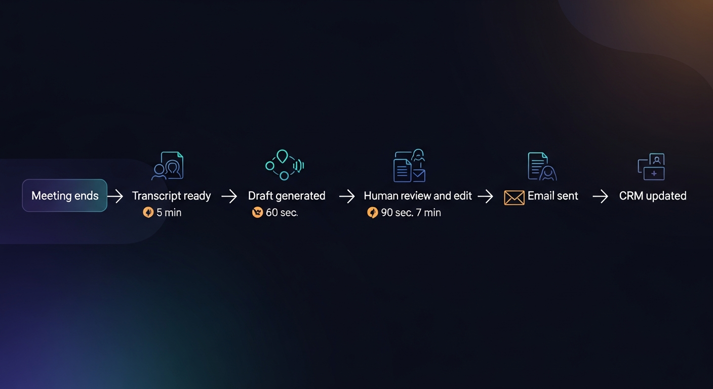 A timeline graphic showing the post-meeting workflow: Meeting ends → Transcript ready (5 min) → Draft generated (60 sec) → Human review and edit (90 sec) → Email sent → CRM updated, with timestamps showing the whole process takes under 10 minutes