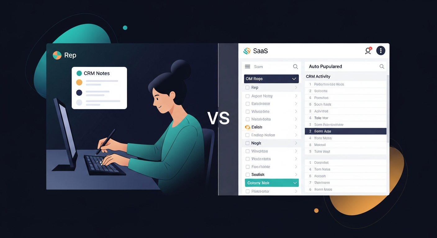 Split-screen showing a rep manually typing CRM notes on one side vs. a clean auto-populated CRM activity log on the other side