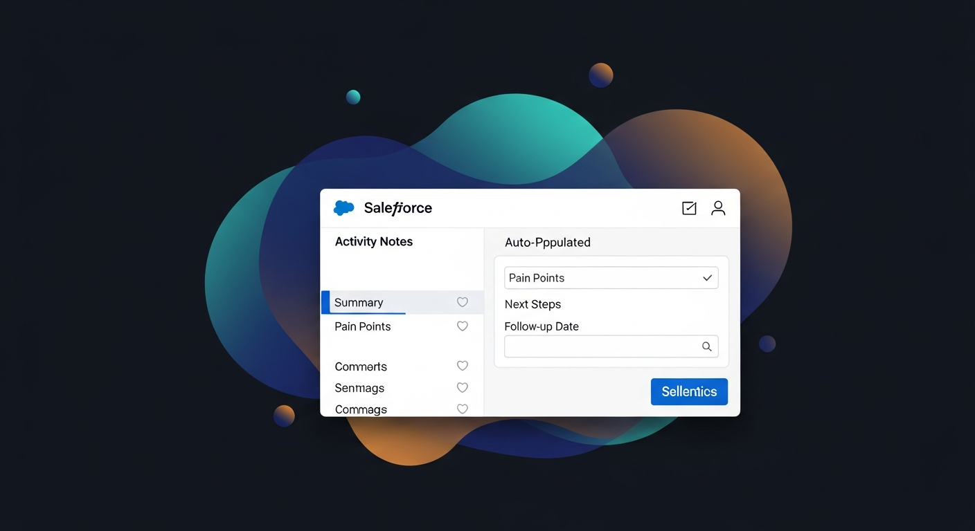 Screenshot mockup of a Salesforce Opportunity record showing auto-populated activity notes with labeled fields: Summary, Pain Points, Next Steps, and Follow-up Date