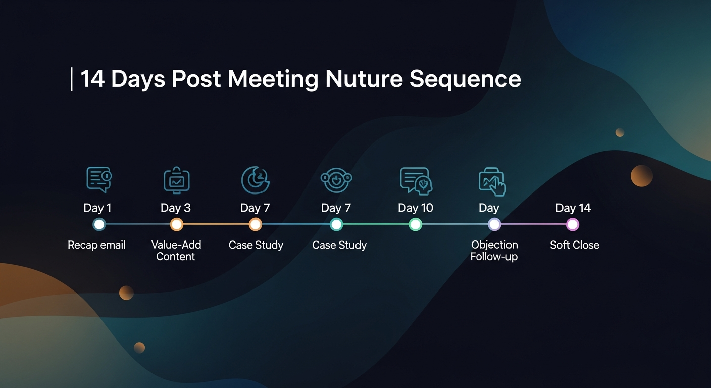 A timeline graphic showing a 14-day post-meeting nurture sequence with labeled touchpoints — Day 1 recap email, Day 3 value add, Day 7 case study, Day 10 objection follow-up, Day 14 soft close