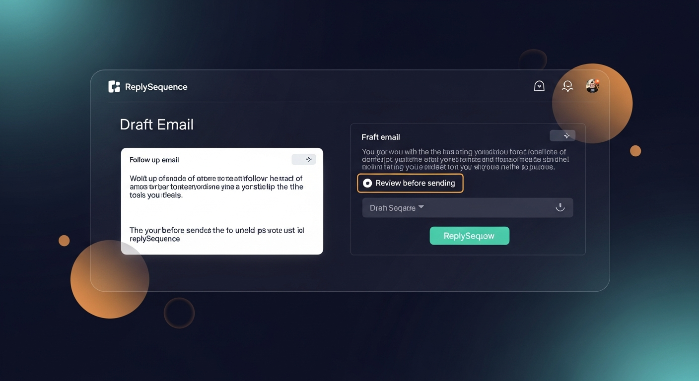 Screenshot mockup of a ReplySequence draft email interface showing a follow-up email generated from a transcript, with the \