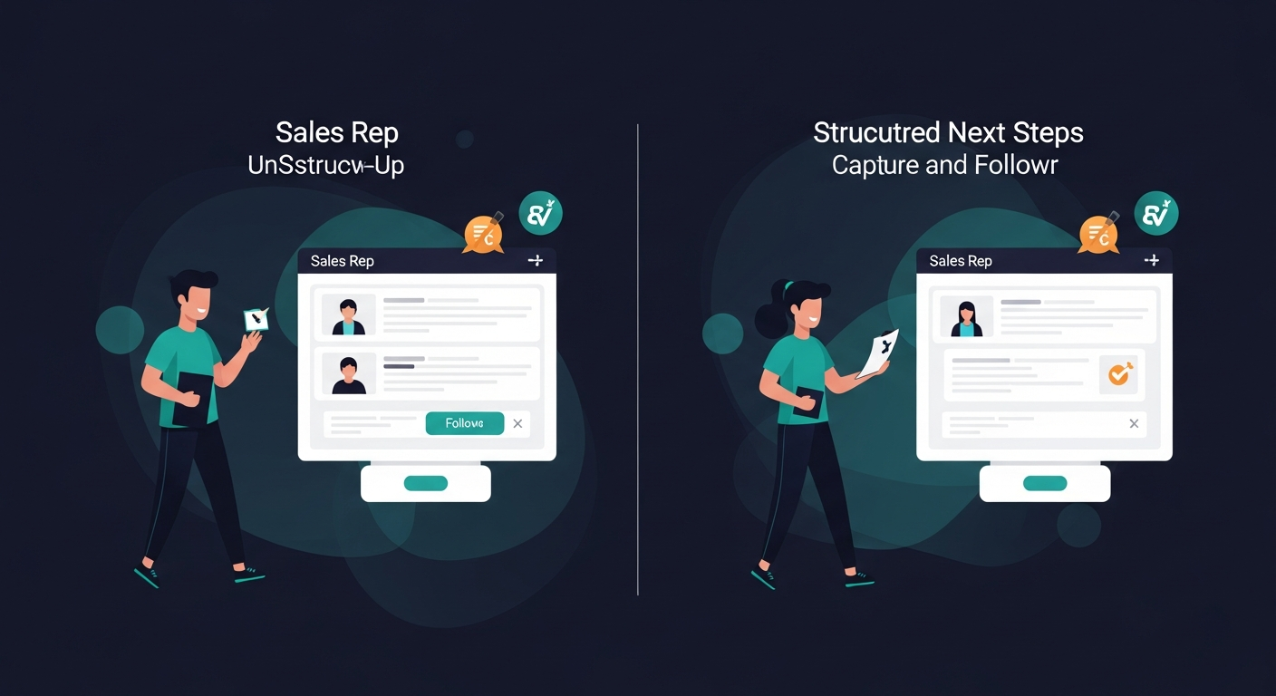 Side-by-side illustration of two sales rep workflows: one with ad hoc follow-up vs. one with structured next steps capture and follow-up