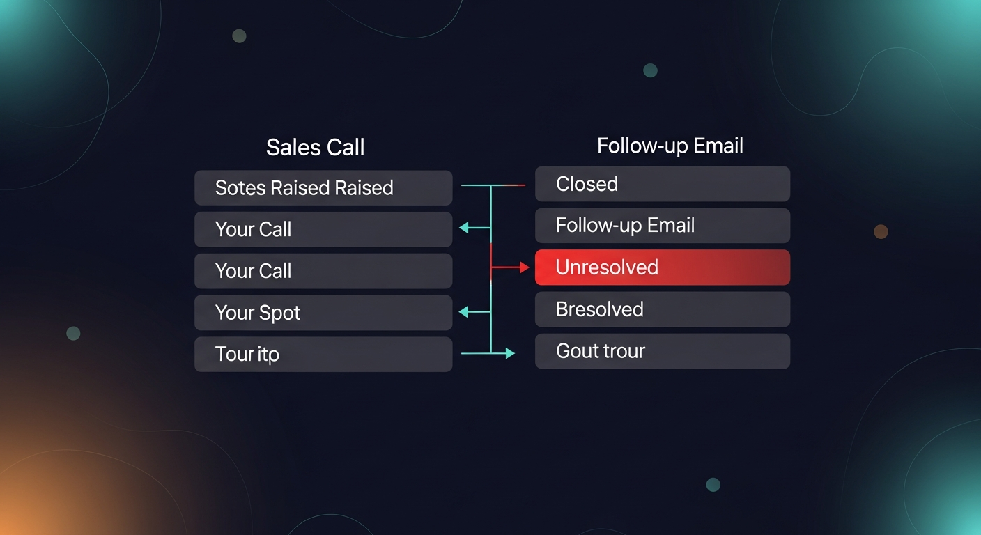 A simple diagram showing a sales call timeline — items raised during the call on one side, items closed in the follow-up email on the other — with unresolved items highlighted in red