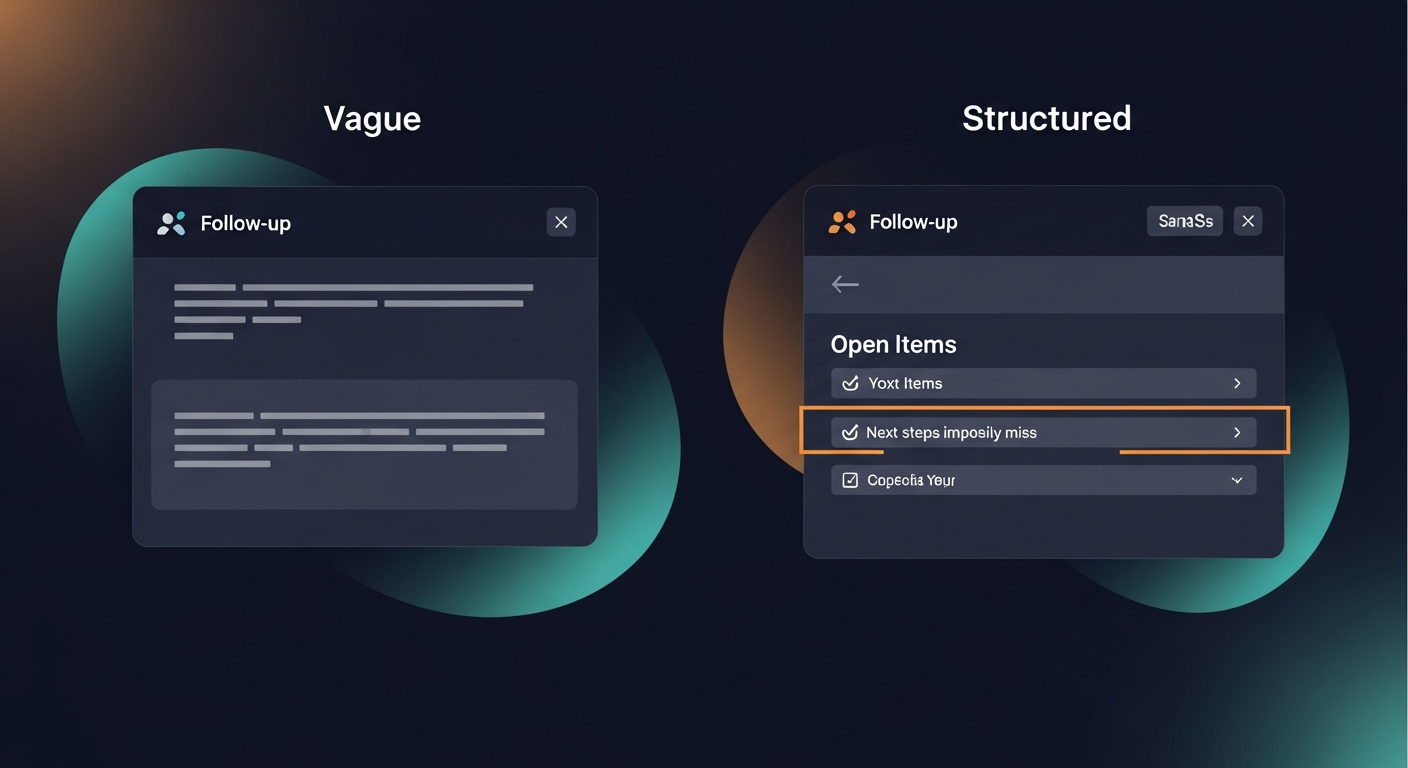 Side-by-side example of a vague follow-up email versus a structured one with an explicit 