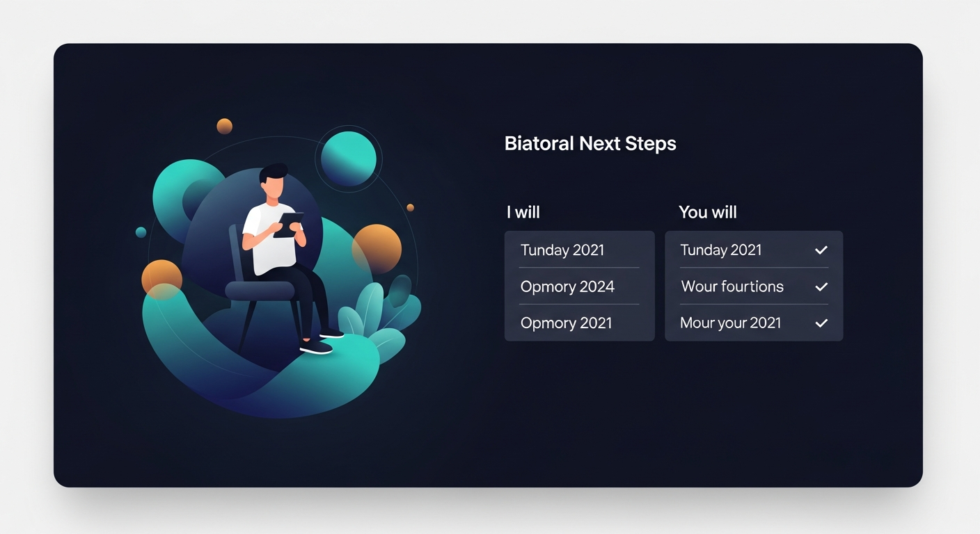A sample follow-up email mockup showing the bilateral next steps format — two columns, 