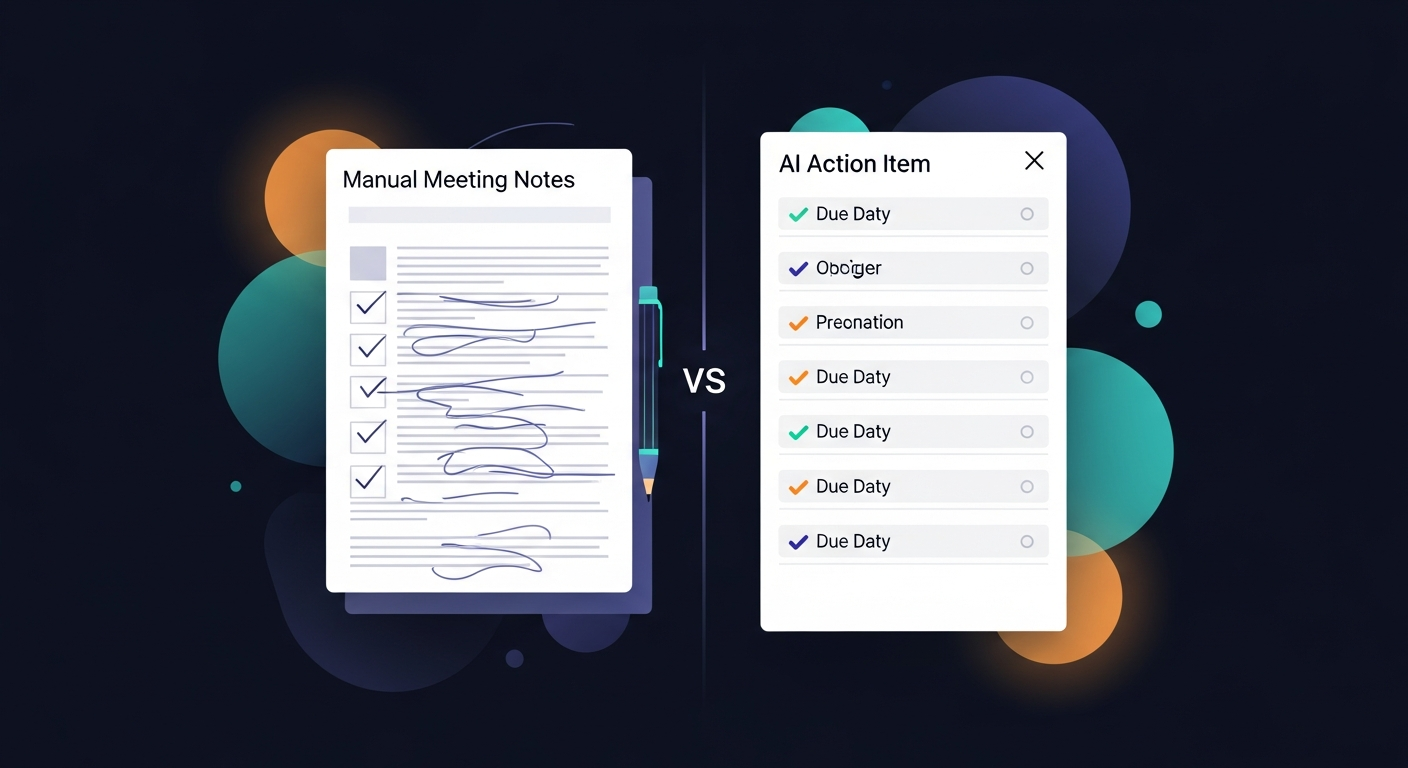Side-by-side comparison showing a cluttered manual meeting notes document versus a clean, AI-generated action item list with owners and due dates