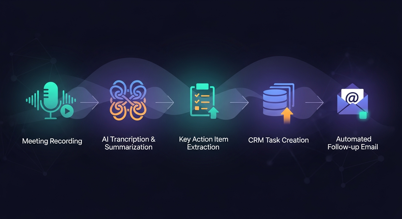 Workflow diagram showing the 5-step process from meeting recording to CRM task creation and automated follow-up email