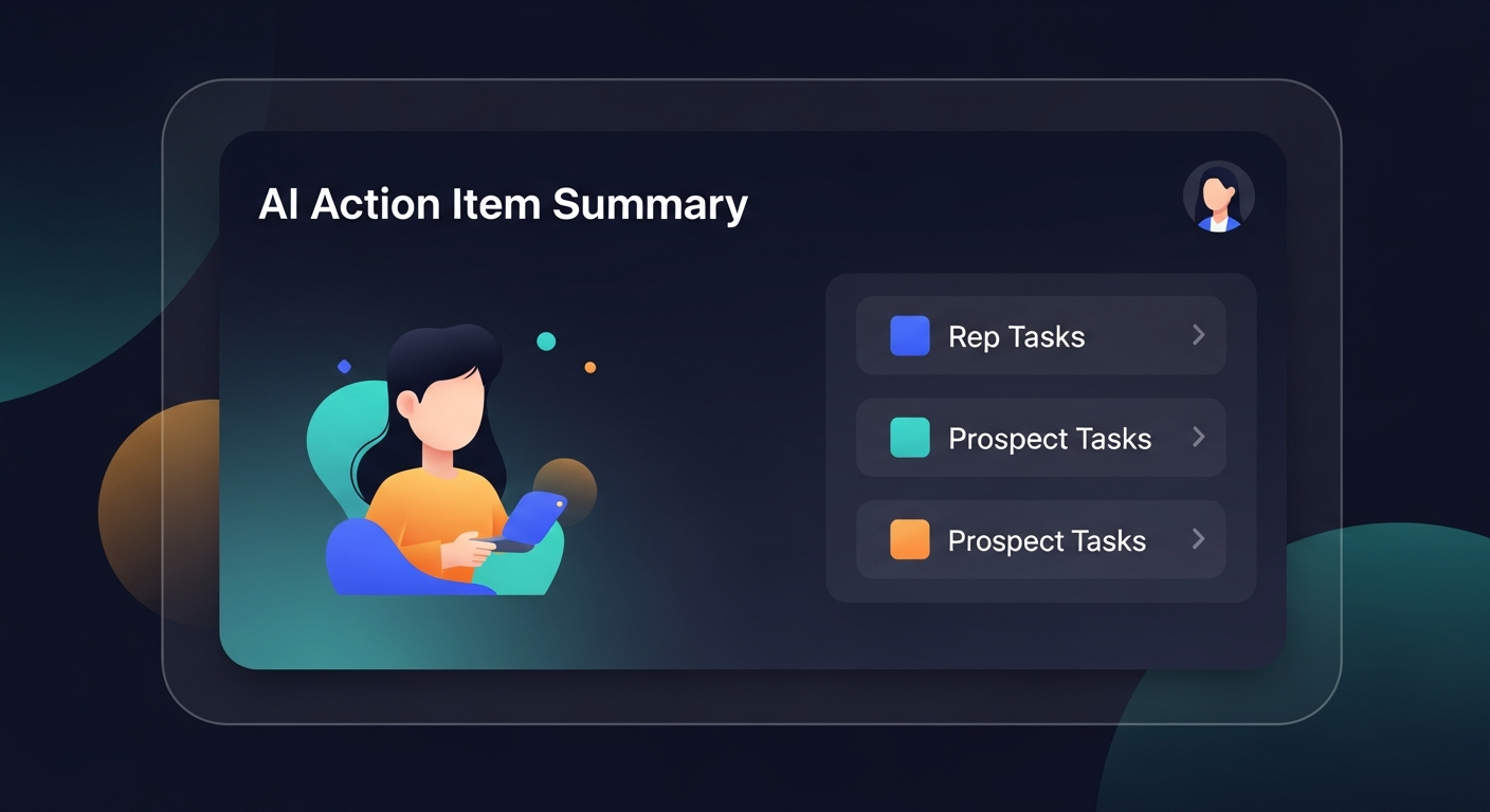 Screenshot mockup of an AI-generated action item summary with color-coded ownership labels — rep tasks in blue, prospect tasks in orange