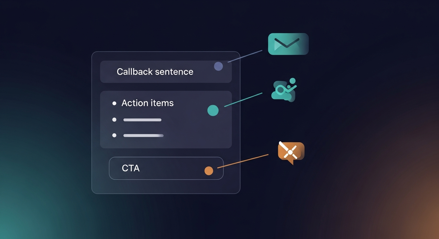 Annotated screenshot of a well-structured follow-up email with labeled sections: callback sentence, bullet action items, single CTA