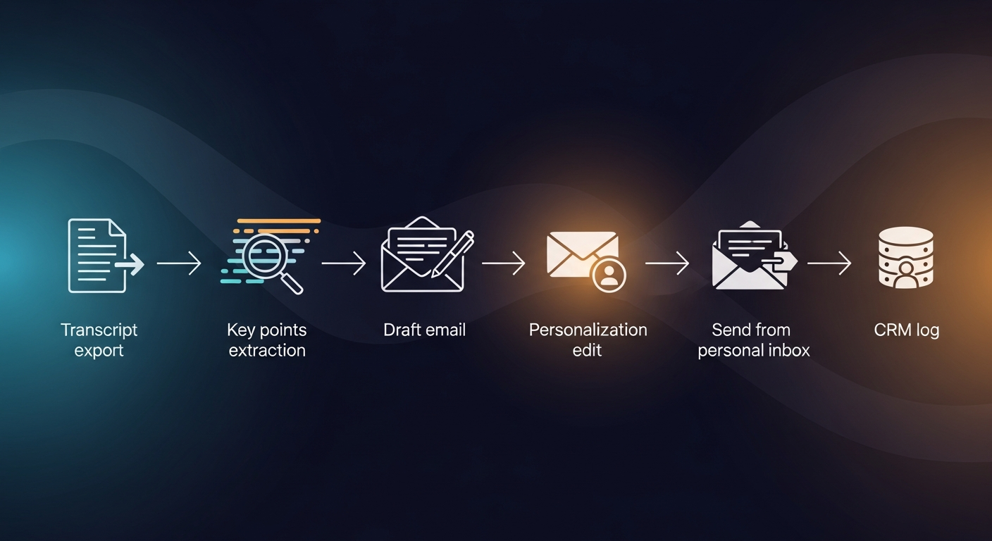 Step-by-step visual flow: transcript export → key points extraction → draft email → personalization edit → send from personal inbox → CRM log