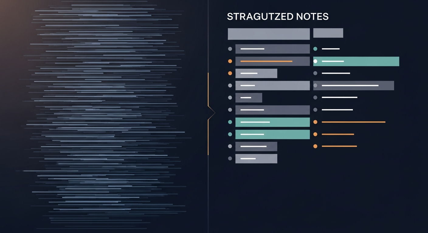 Side-by-side comparison of unstructured meeting notes (wall of text) vs. structured notes with clear sections and bullet points