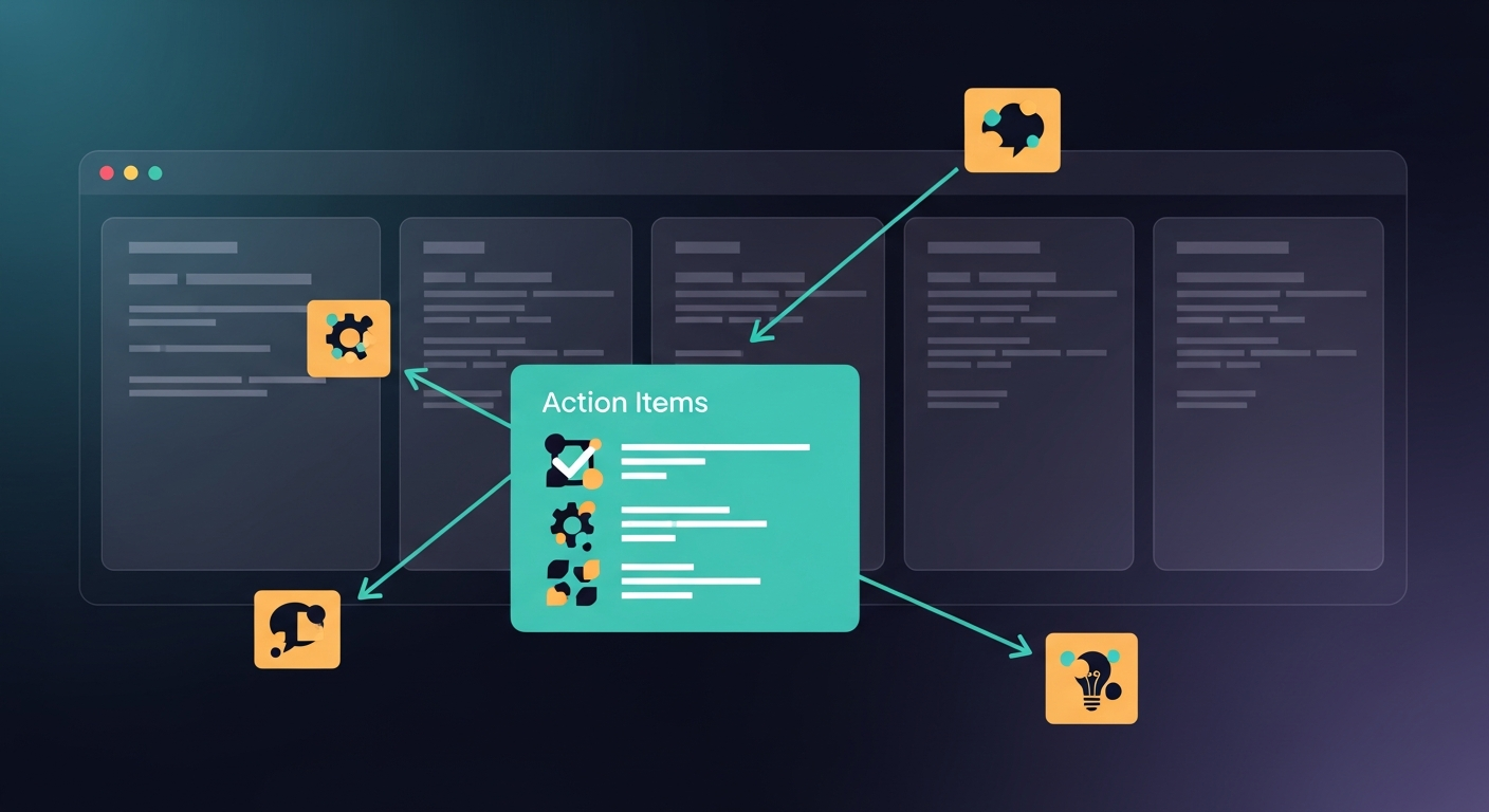 Annotated screenshot of a completed five-section meeting notes template with callouts highlighting the action items section