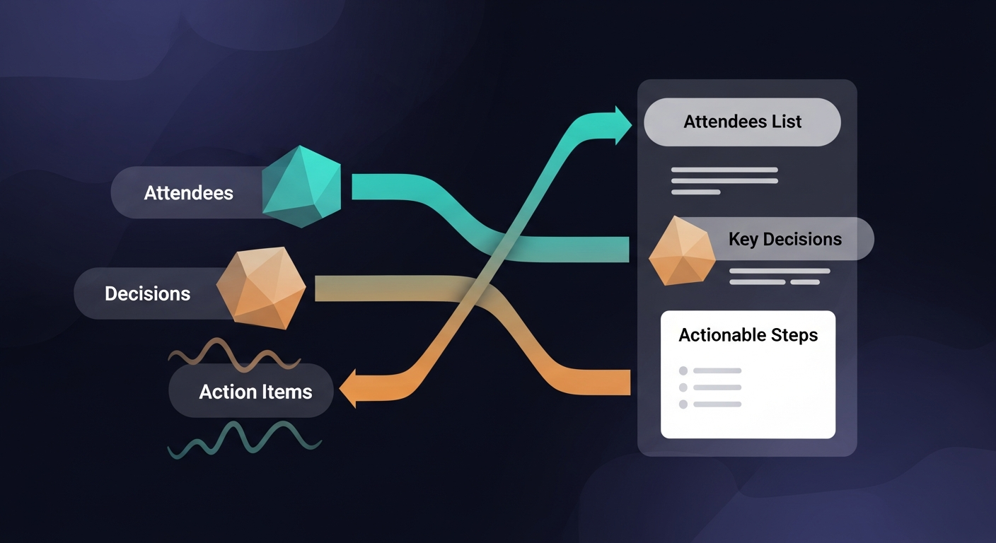 Flowchart showing the translation from each meeting notes section to the corresponding section of a follow-up email