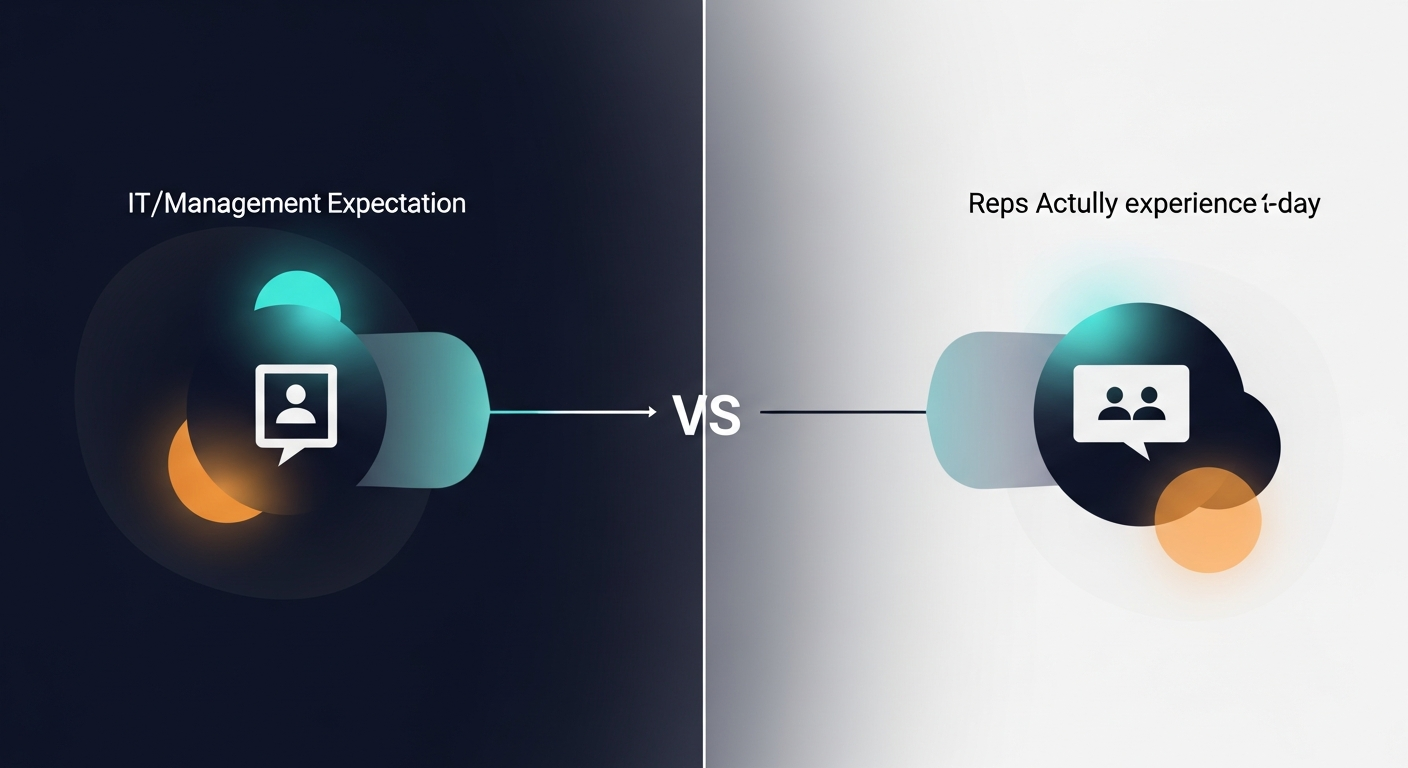 A split diagram showing the gap between IT/management expectations of AI tool adoption vs. what reps actually experience day-to-day
