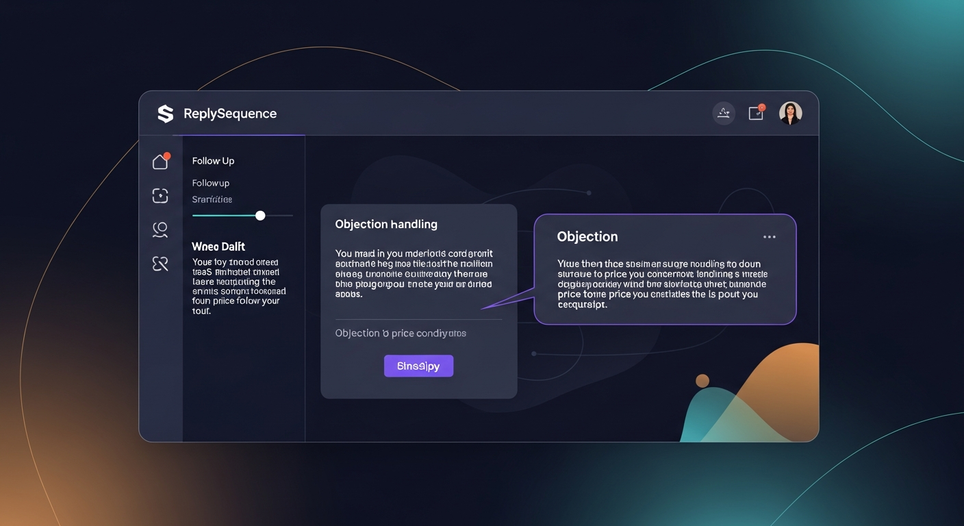 screenshot mockup of a follow-up email draft in ReplySequence with an objection-handling section highlighted, showing how the tool surfaces a price concern from the transcript