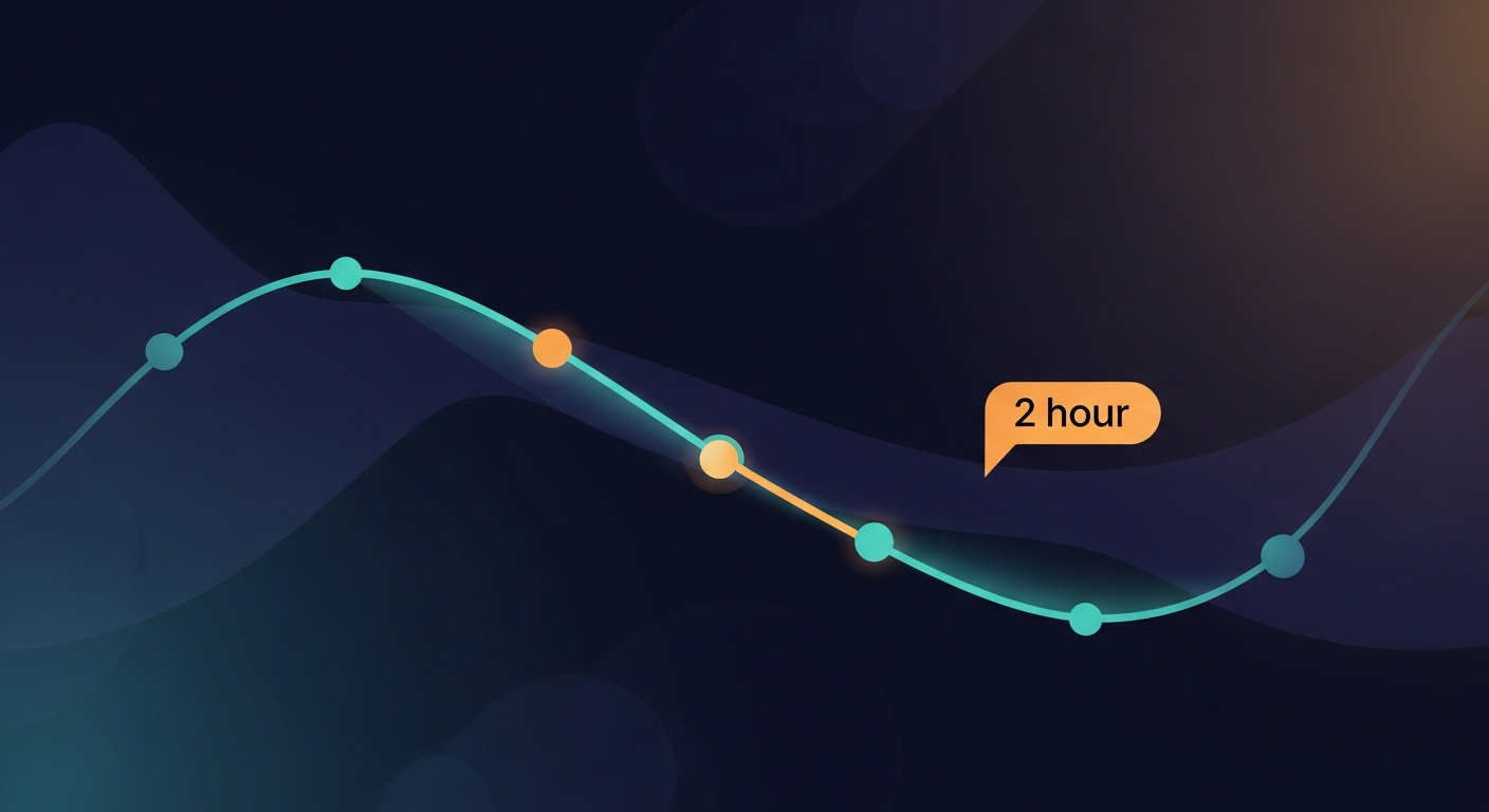 timeline graphic showing reply rate decay over hours after a meeting, with a callout at the 2-hour mark