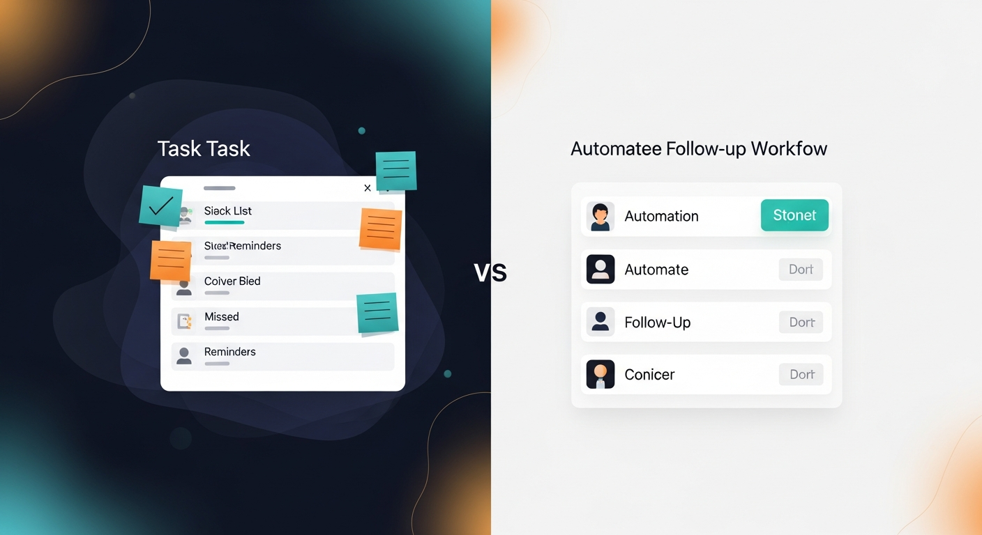 A split-screen showing a disorganized task list with sticky notes and missed reminders on one side, vs. a clean automated follow-up workflow on the other