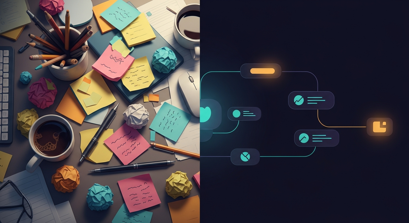 A visual of a cluttered desk with sticky notes vs. a clean digital pipeline board — contrast between chaos and system