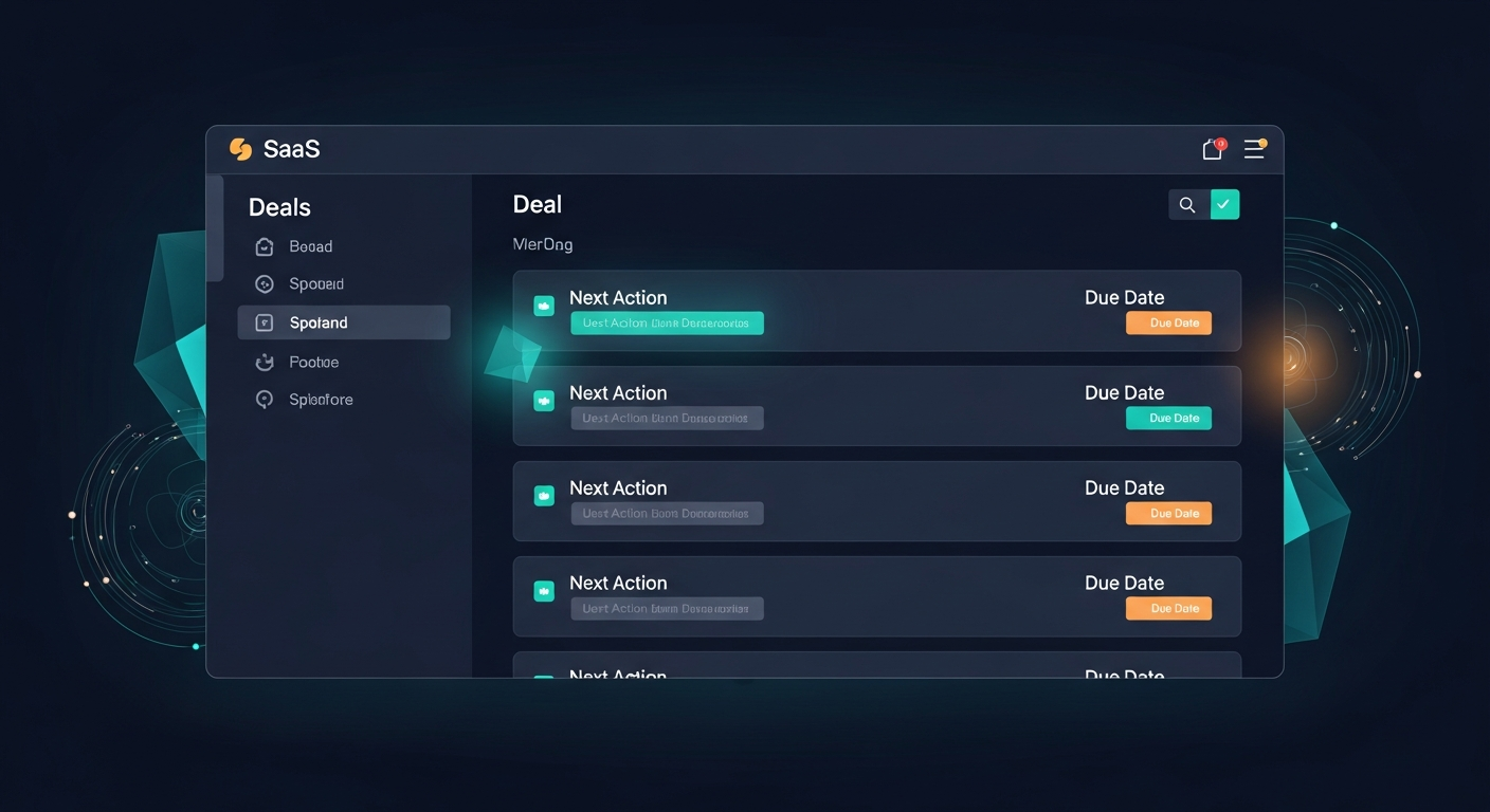 Screenshot mockup of a clean CRM view showing next action + due date per deal, no clutter