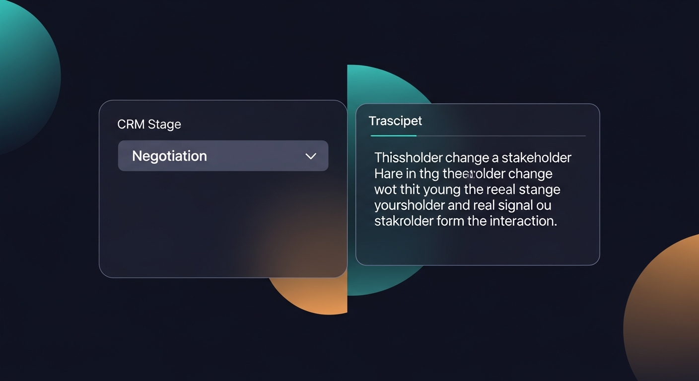 Split screen showing a CRM stage field marked 