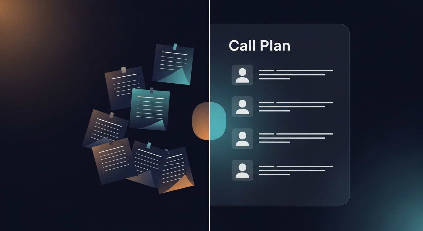 split-screen showing a messy, scattered set of meeting notes on one side and a clean structured call plan on the other