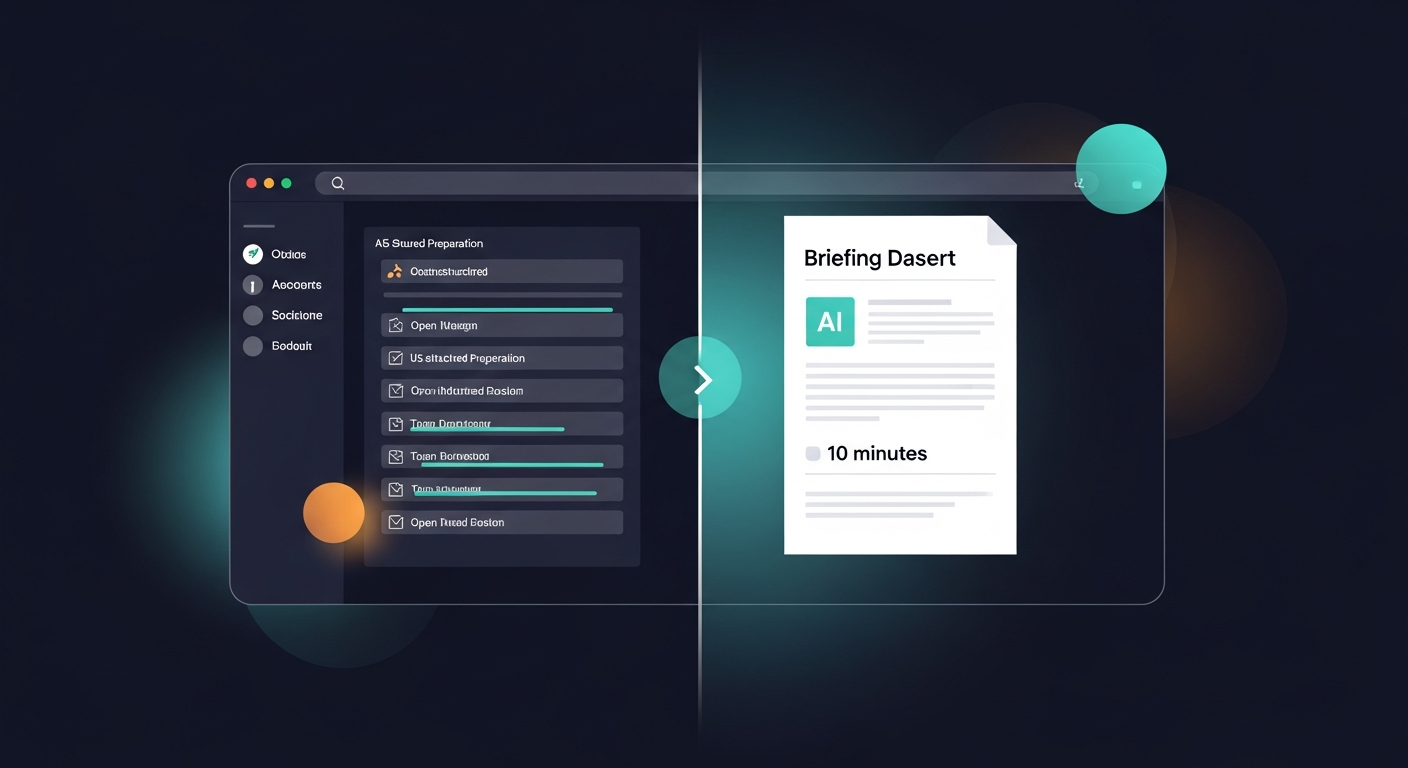 A split-screen showing a cluttered browser with 15 open tabs on one side and a clean AI-generated briefing doc on the other — representing the contrast between unstructured prep and the 10-minute AI workflow