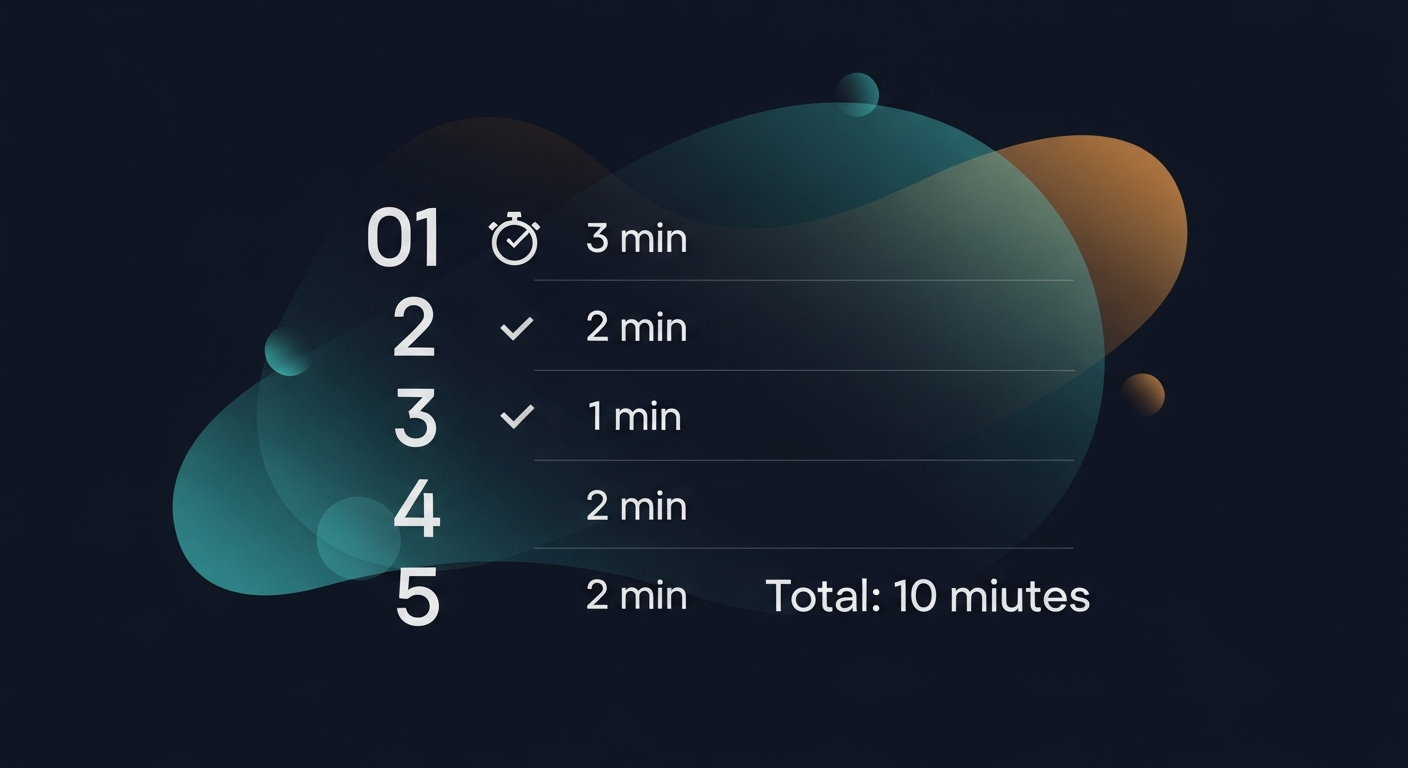 A simple numbered checklist graphic showing the five steps with time budgets — 3 min, 2 min, 1 min, 2 min, 2 min — totaling 10 minutes