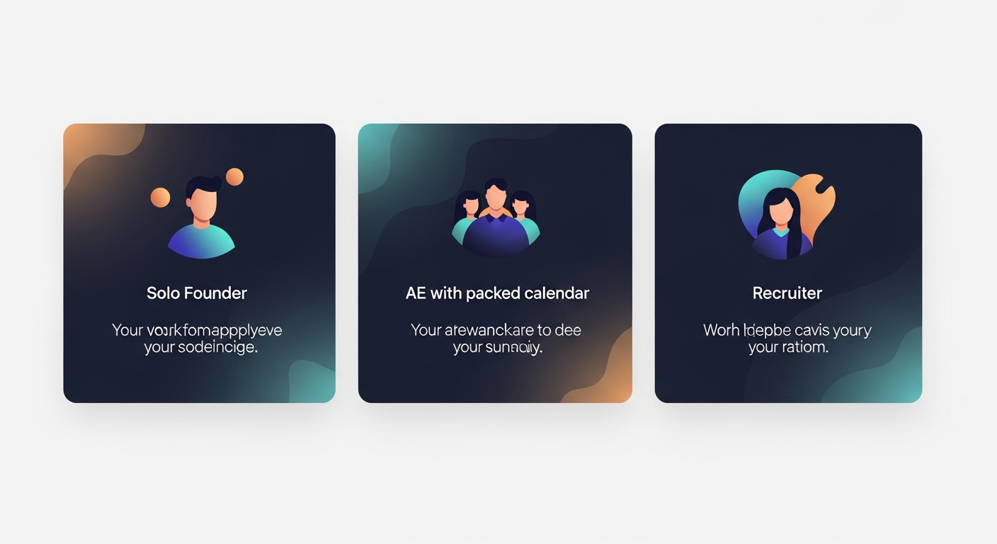 Three persona cards side by side — solo founder, AE with packed calendar, recruiter — each with a one-line description of how the workflow applies to their specific situation