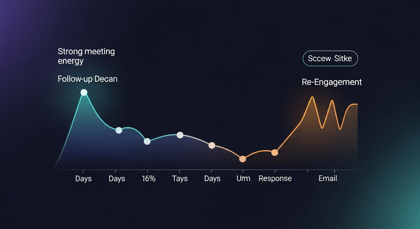 A visual timeline showing the typical follow-up decay — strong meeting energy dropping off as days pass without a response, contrasted with a re-engagement spike from a specific, value-driven email