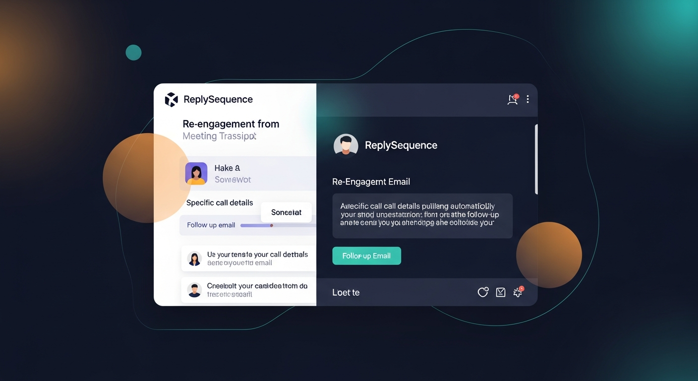 A screenshot mockup of ReplySequence generating a re-engagement email from a meeting transcript, showing how specific call details get pulled into the follow-up automatically